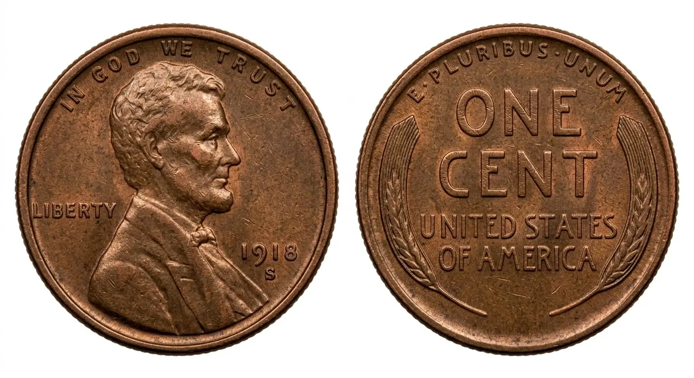 1918 wheat penny extreme close-up with authentic aged copper appearance