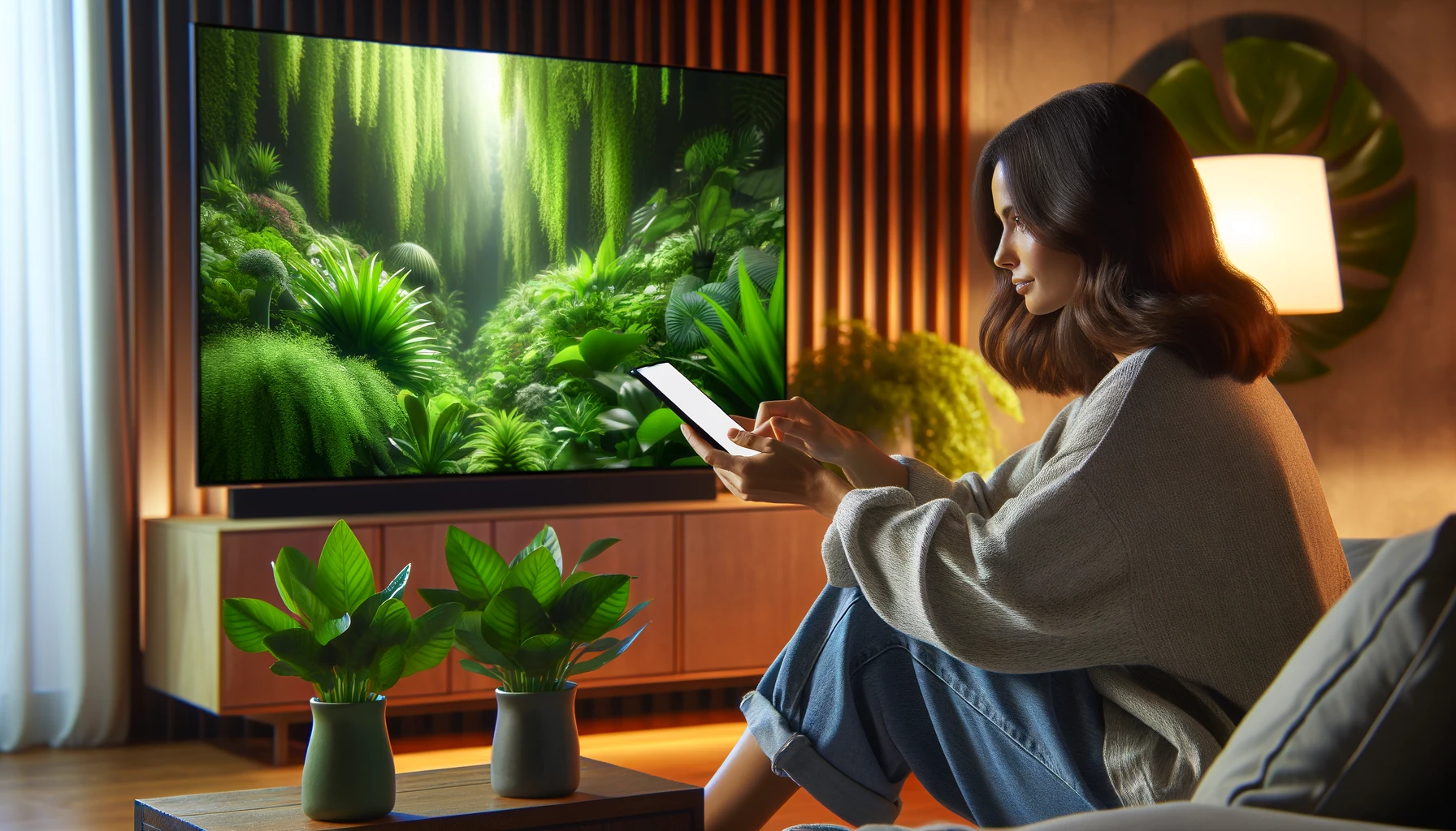 a young woman with dark hair sitting on a sofa in a living room, watching a film about green plants. The woman is casually dressed and holding a smartphone in her hand.