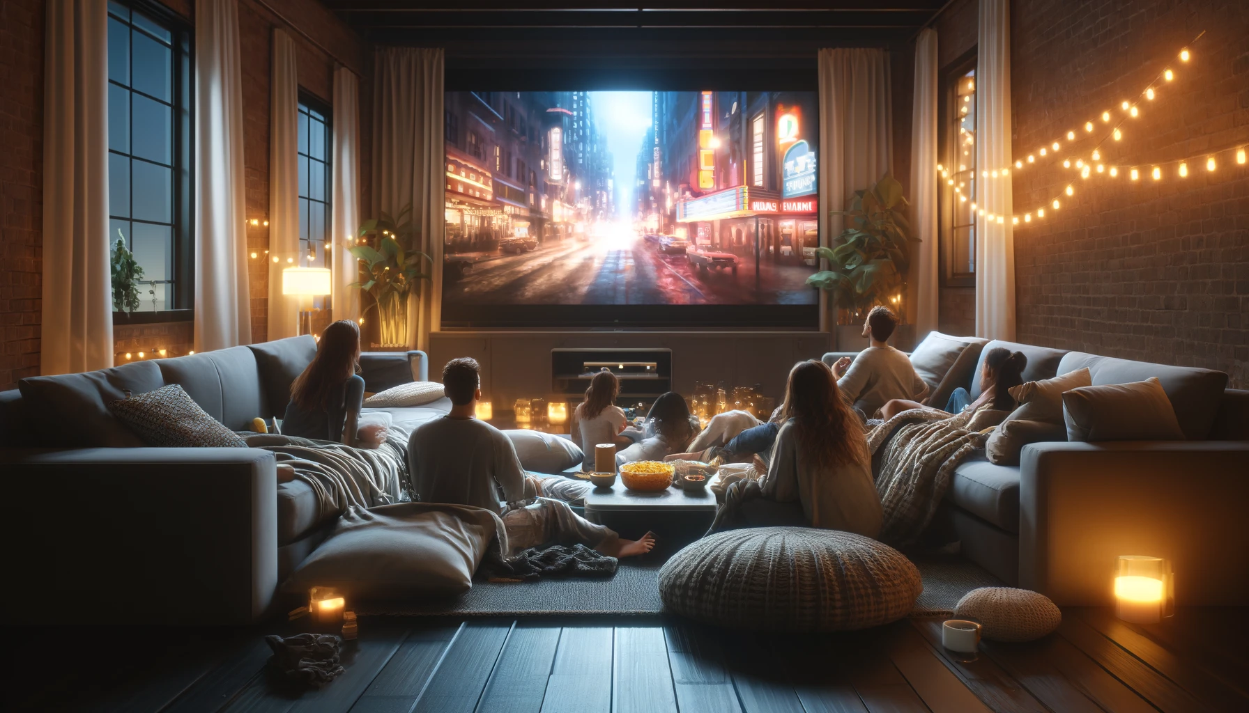 a cozy home movie night setup. The scene includes a group of friends sitting comfortably on a large sectional sofa, surrounded by soft blankets and pillows.