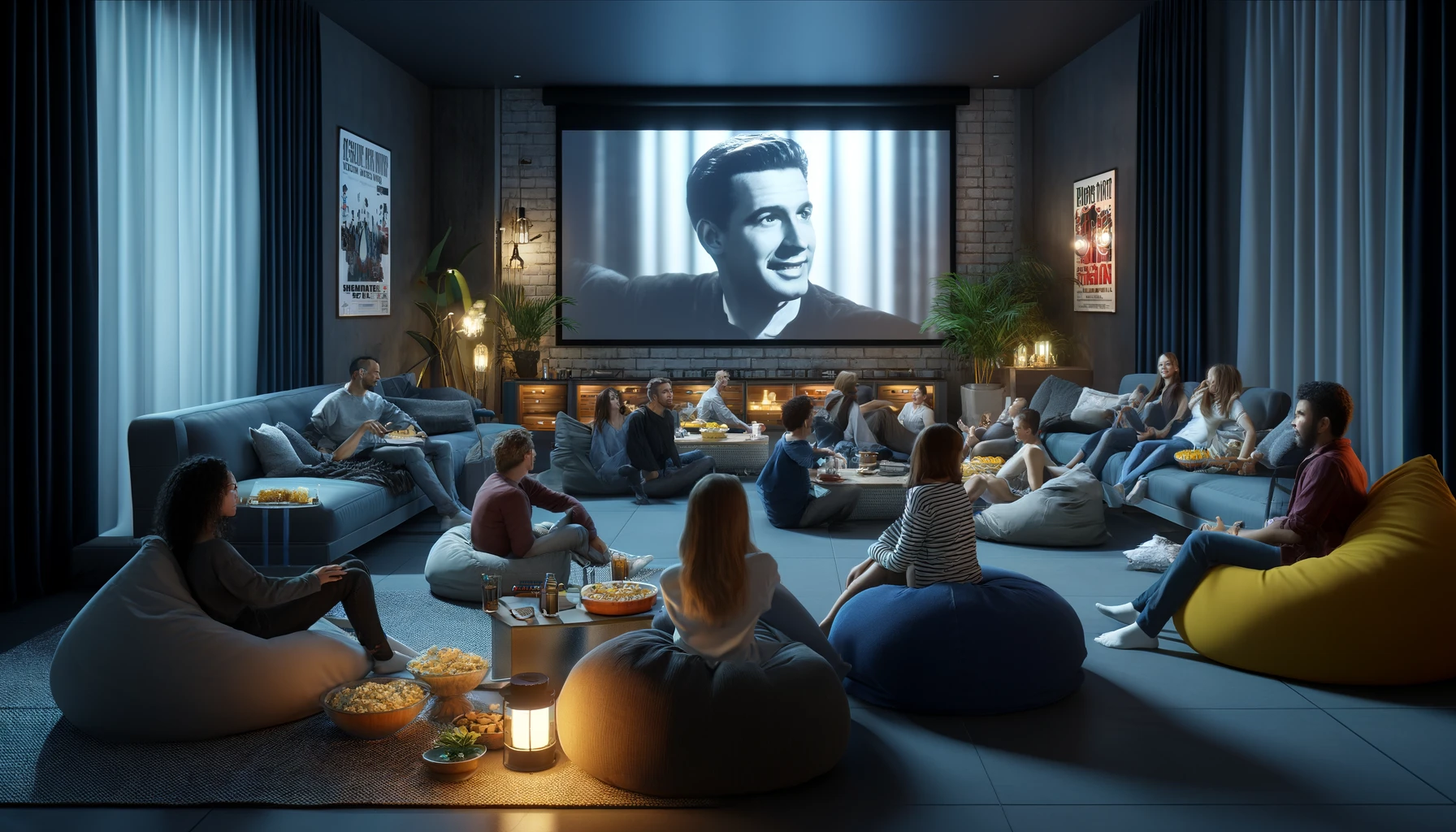 a modern movie night setup featuring a diverse group of people sitting on various seating arrangements like bean bags, floor cushions, and a couch.