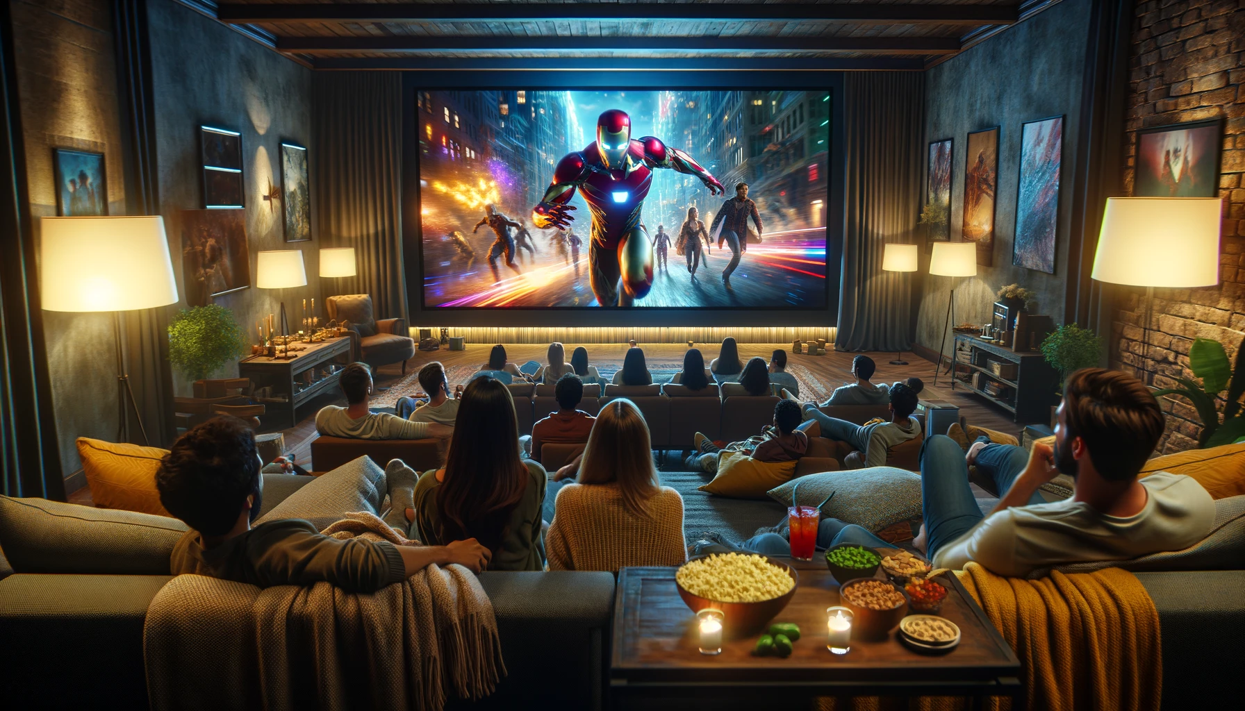 a diverse group of people sitting in a cozy home theater setup, watching a movie on a large screen. The screen displays a vibrant scene from an action movie.
