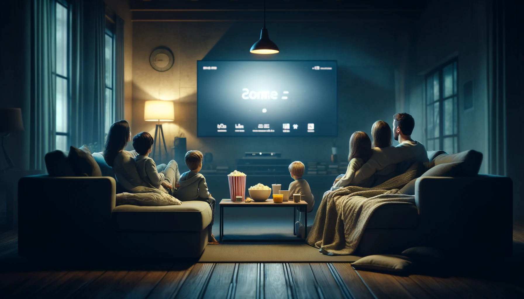a family enjoying a movie night in a cozy living room. The family, including parents and children, are seated on a large, comfortable sofa with blankets and pillows.
