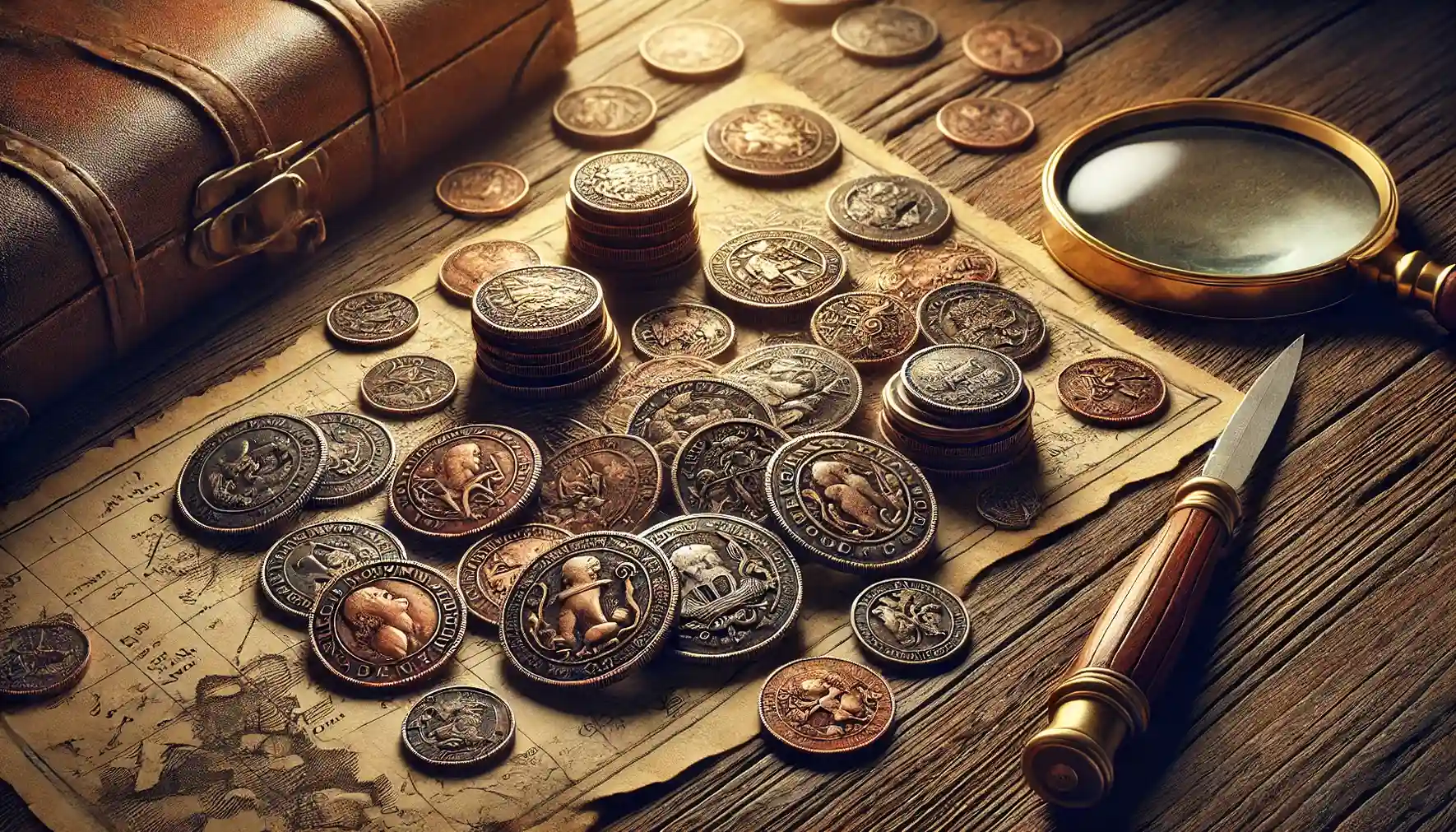 A collection of ancient coins spread out on an antique wooden table. The coins are illuminated by soft, warm lighting, showcasing intricate details and historical designs (which are always used in the films).
