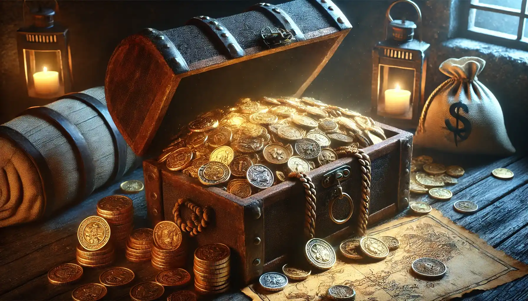A cinematic treasure-hunting scene. An old chest filled with ancient coins, gold artifacts, and a glowing map sits in a dimly lit room.