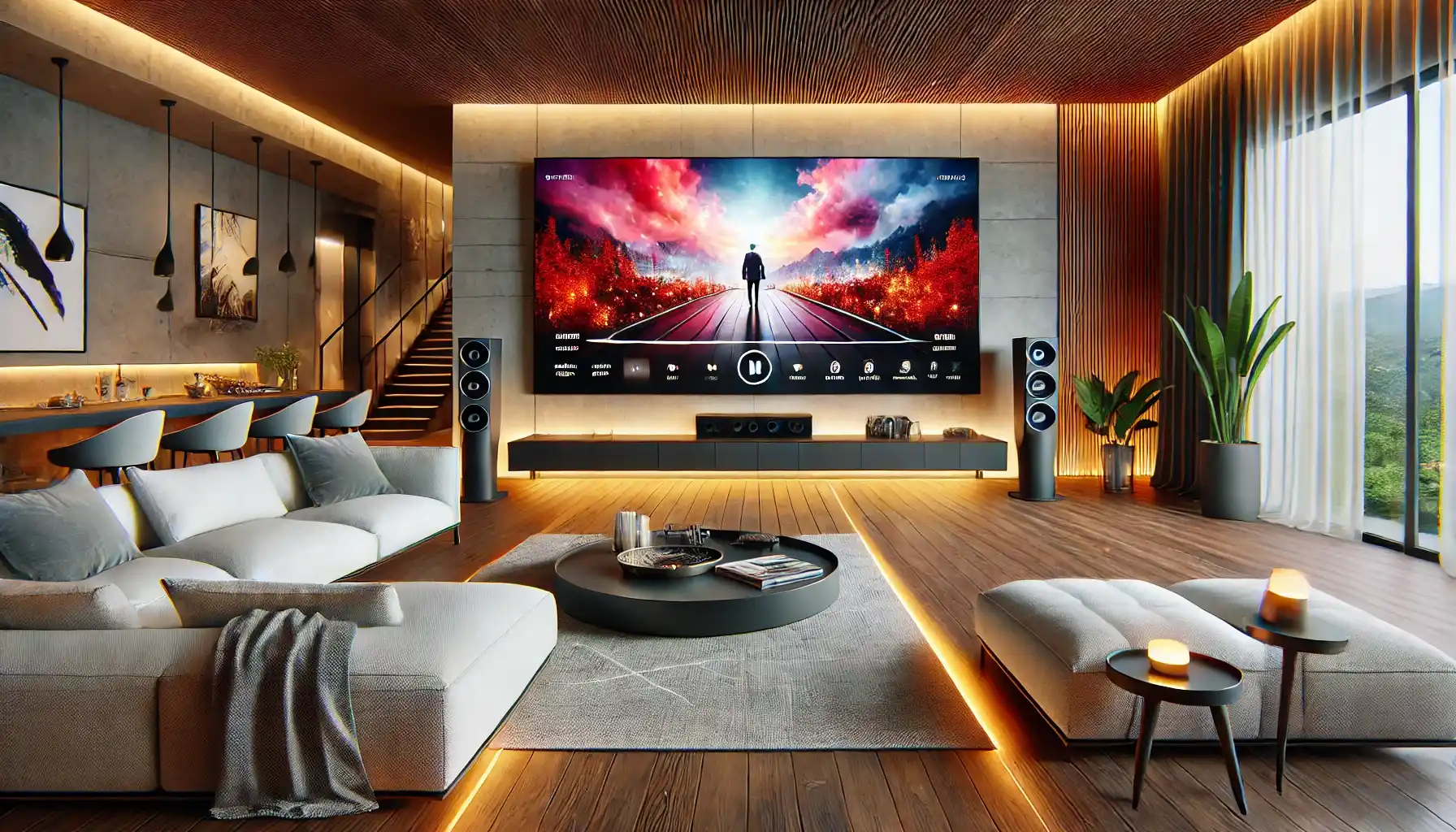a modern, stylish living room featuring a large, sleek TV screen displaying a vibrant movie scene.