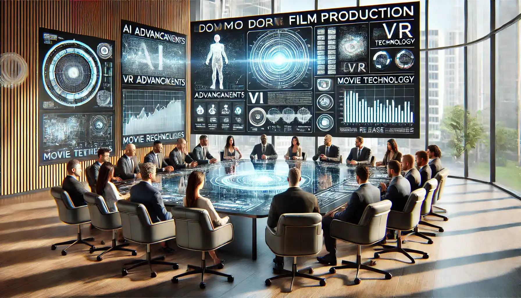 a modern film production meeting discussing upcoming releases and trends.