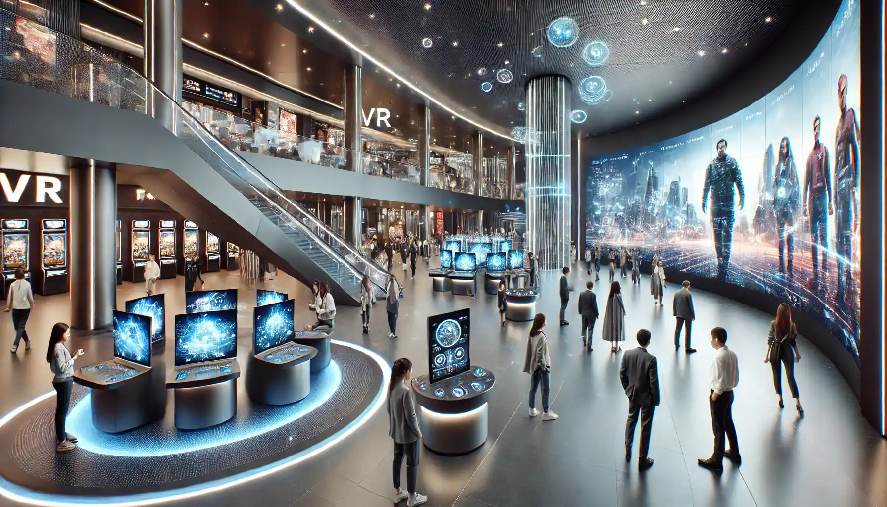 a futuristic movie theater lobby with advanced technology, showcasing interactive digital displays and VR stations.