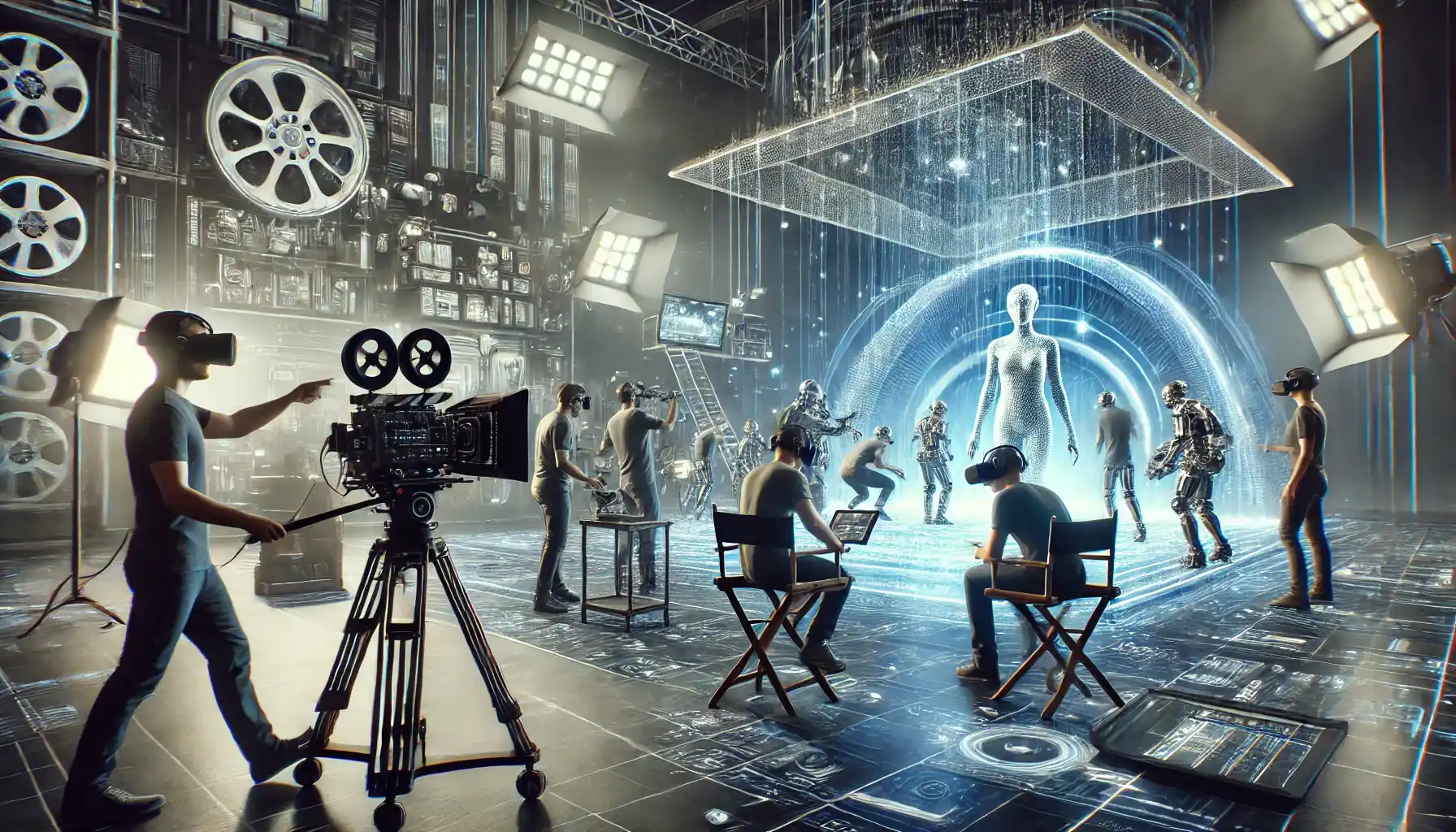 A modern film production set featuring advanced virtual reality technology.