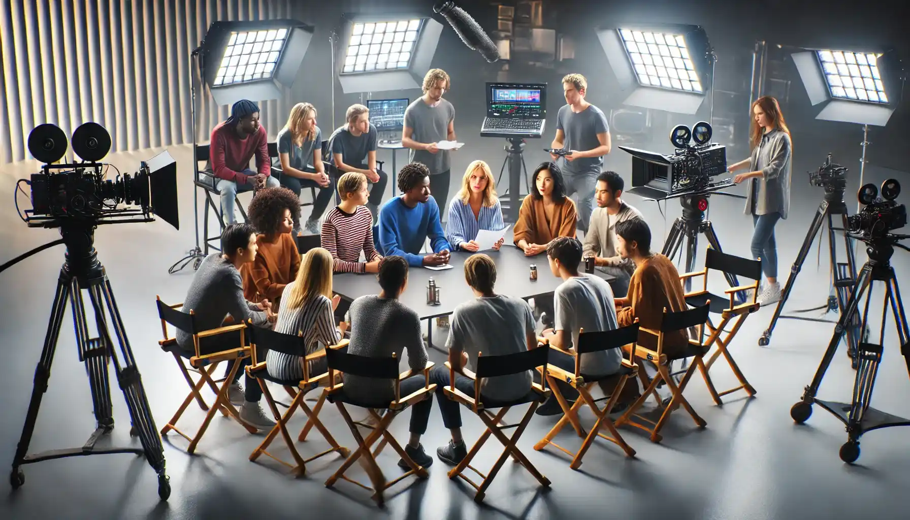 A diverse film production team discussing a scene on a modern film set, highlighting inclusivity.