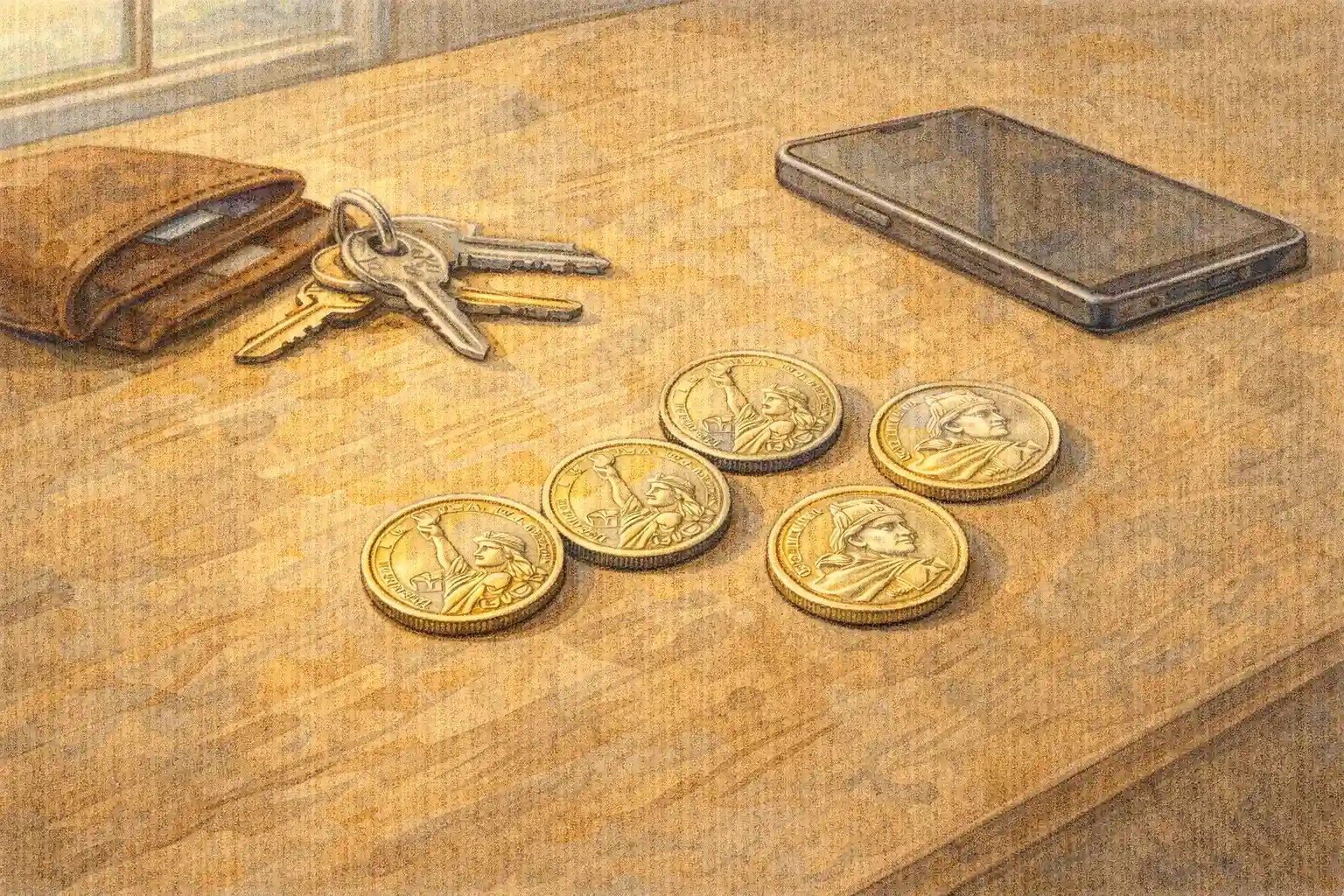 A layout with everyday items including valuable $1 coins. 