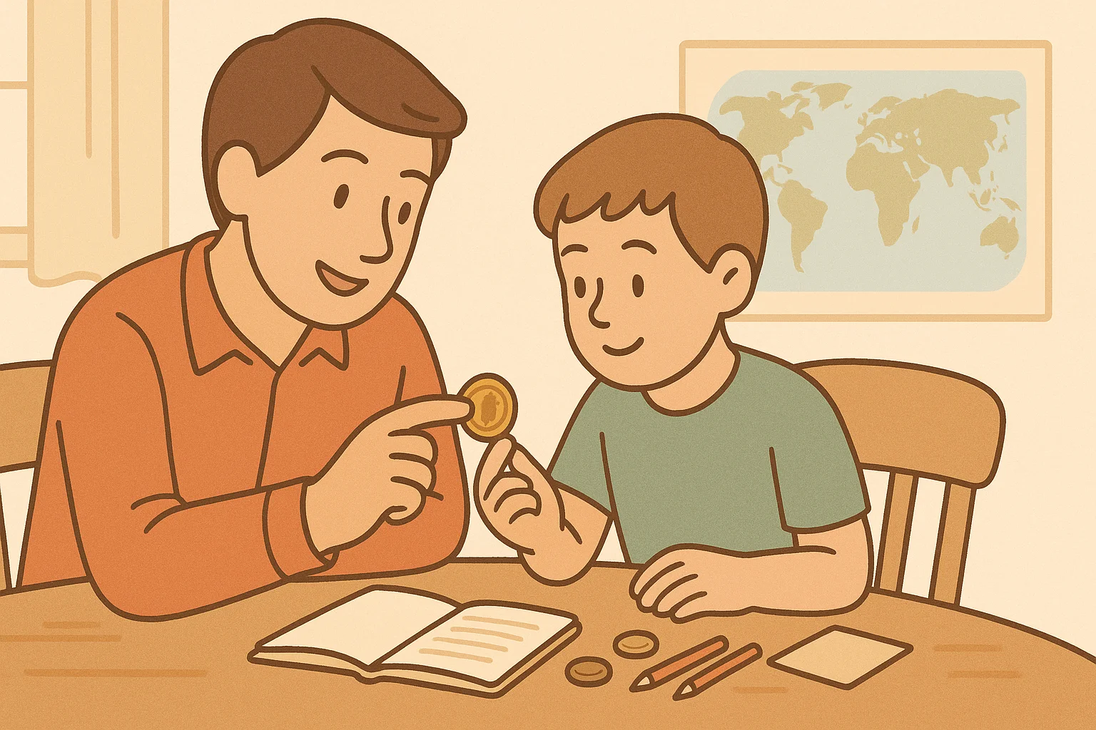 A father shows an interesting coin to a child.