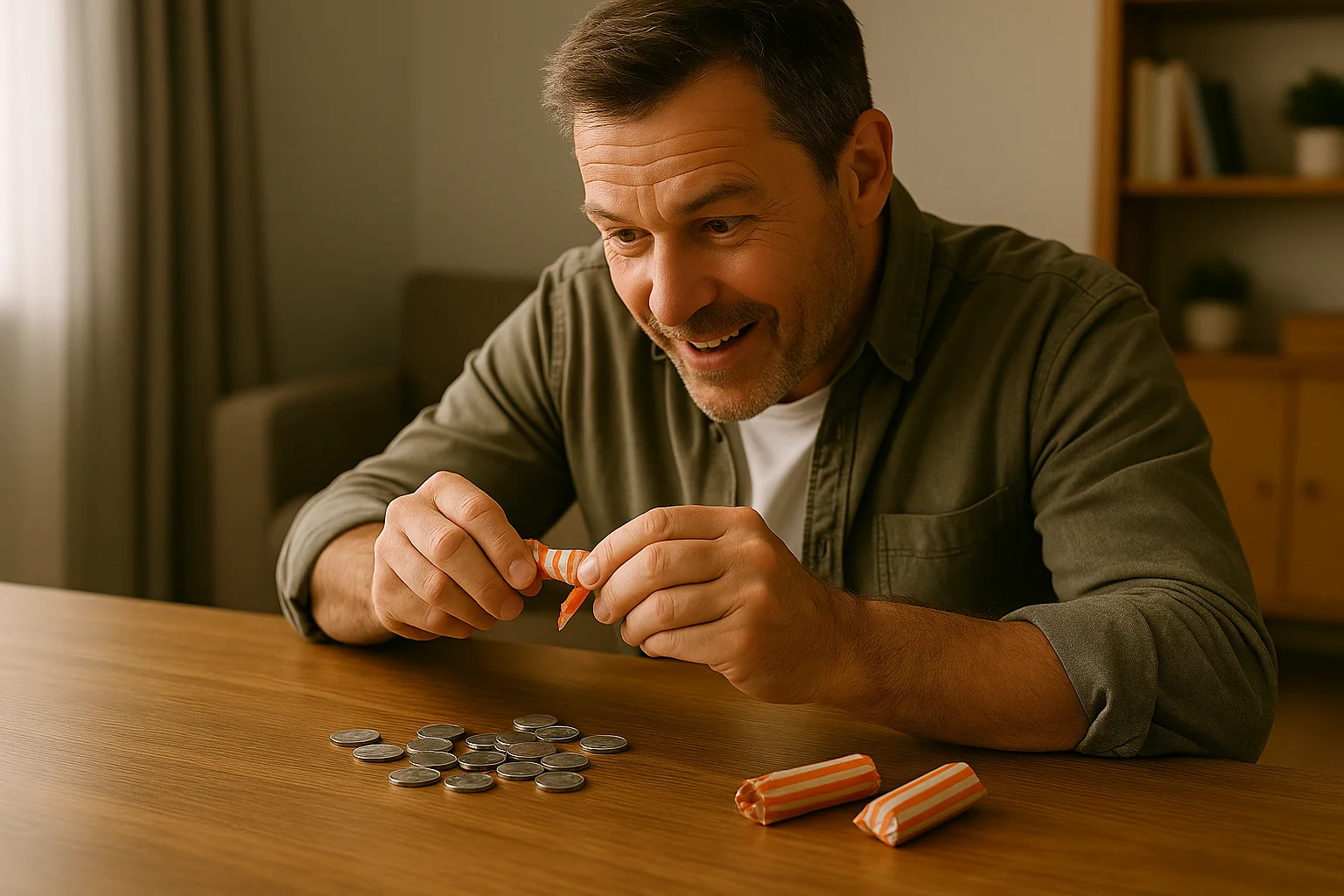  A man carefully unwraps a paper roll of nickels, trying to find something valuable and rare.