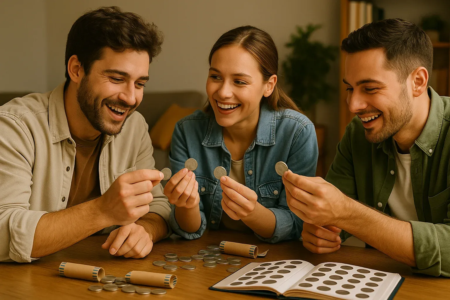 A group of friends sit around a table, each holding a coin from a roll while comparing their finds with excitement.
