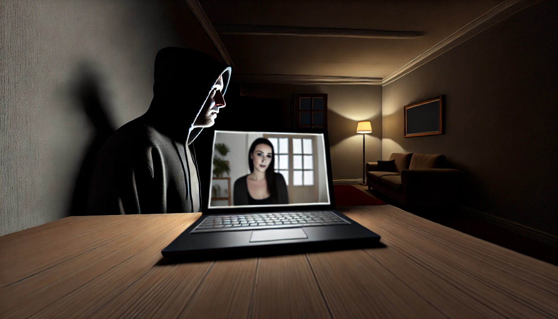 a male stalker in a dark room, illuminated by the glow of a laptop screen. The laptop shows a live feed from a woman's camera. The room is dimly lit, with shadows adding to the ominous atmosphere. The woman is unaware she is being watched.