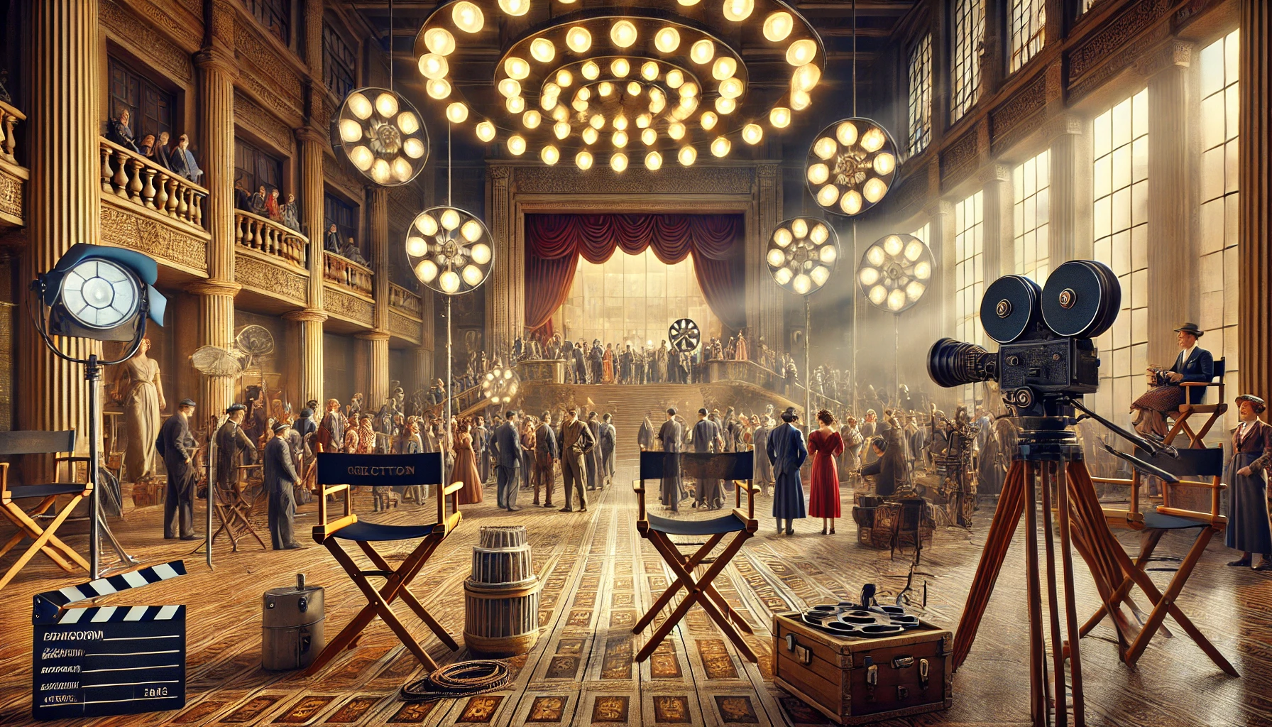 A photorealistic image of a bustling film set in the golden age of Hollywood (1930s-1950s). The scene features iconic elements such as large studio lights, a director's chair, vintage film cameras, and actors dressed in classic attire like suits and dresses. The set has a grand backdrop, with crew members actively engaged in various activities, capturing the glamour and charm of classic Hollywood cinema.
