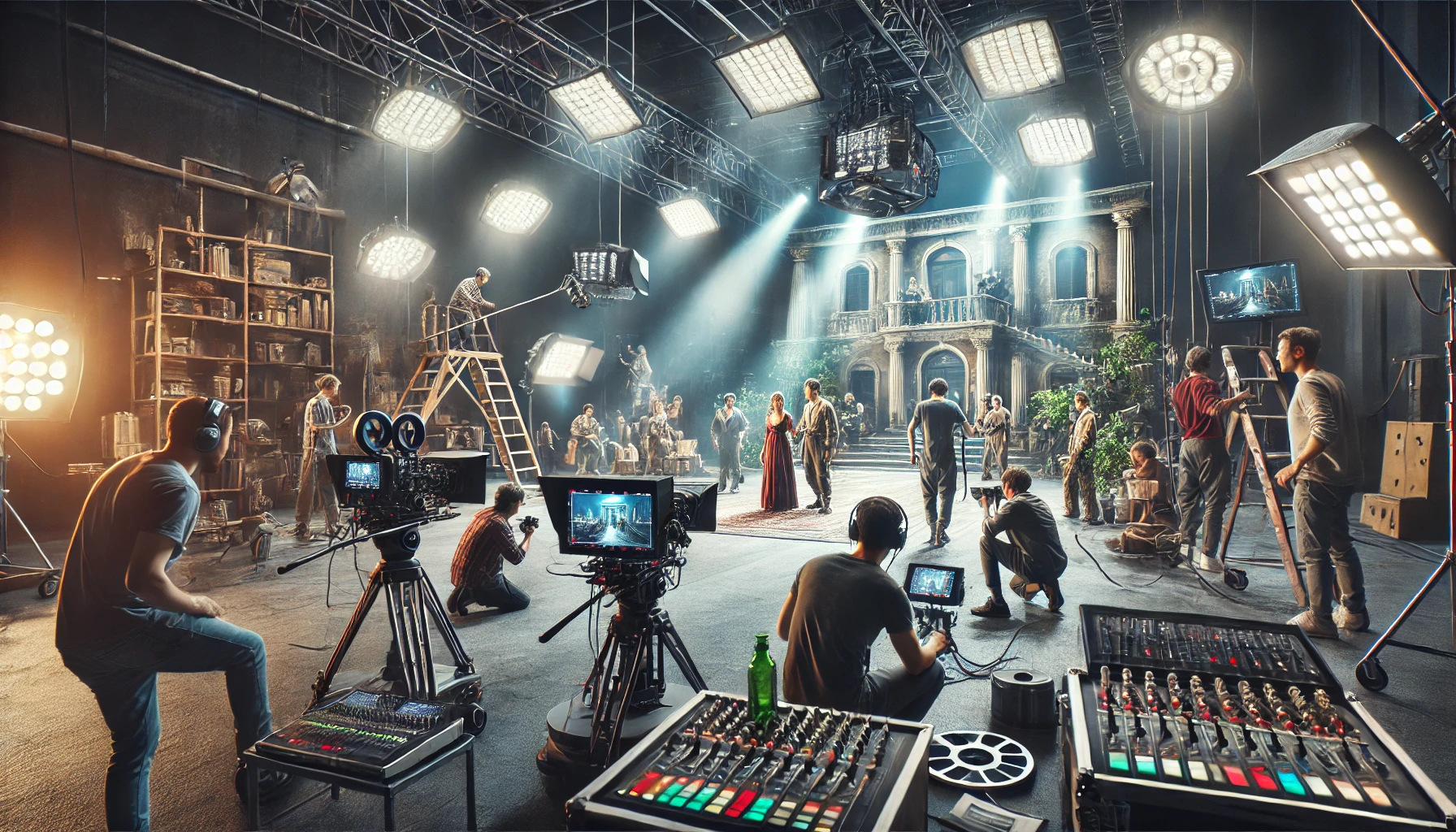 A photorealistic image of a film set during production. The scene includes a director and cinematographer working with advanced digital cameras, actors performing a scene under bright studio lights, and crew members adjusting lighting and sound equipment.