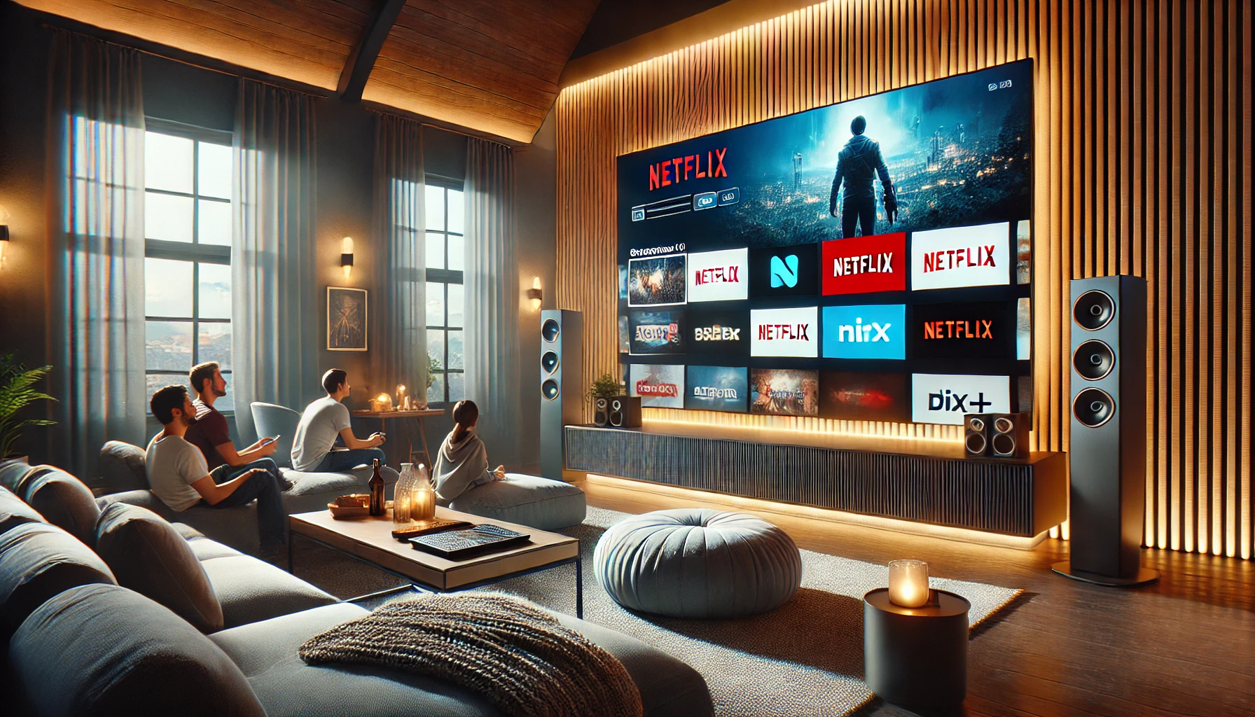 A photorealistic image of a modern home theater setup with a large flat-screen TV displaying a streaming platform interface, like Netflix or Disney+. The room is cozy with comfortable seating, soft lighting, and people relaxing while watching a movie.