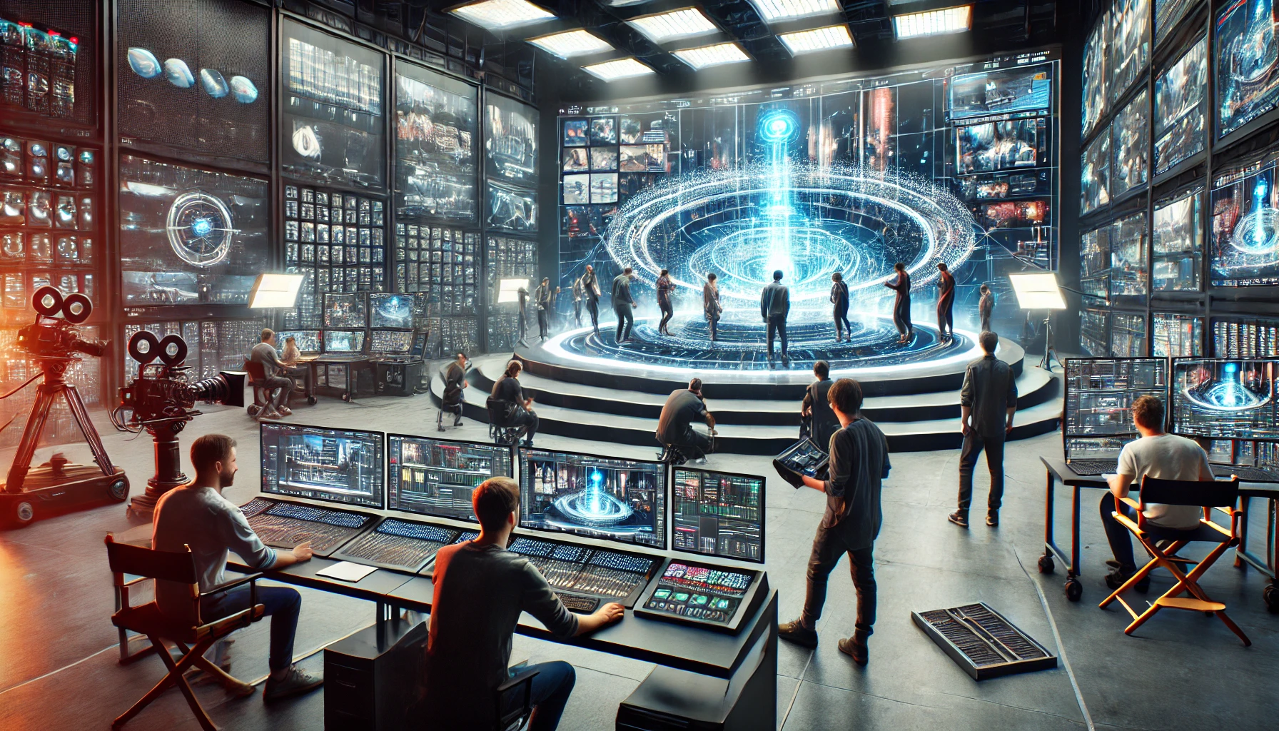 A photorealistic image of a high-tech film set featuring virtual production techniques. The scene includes LED screens displaying a digital environment, real-time rendering on monitors, and actors performing with the digital backdrop. Crew members are working with advanced cameras and computers, creating a futuristic and immersive filming setup.